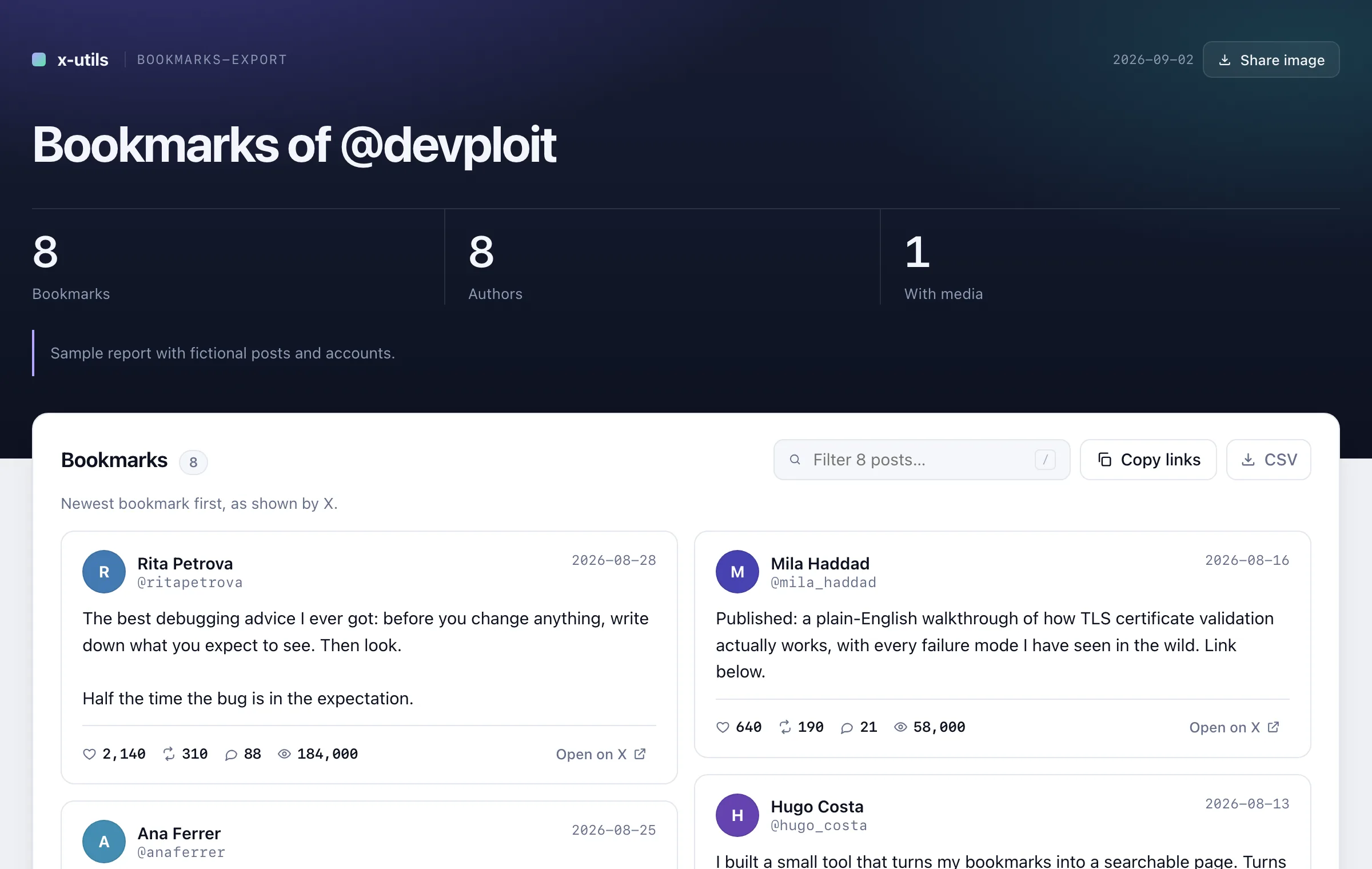 Bookmarks export report: posts as reading cards with media and numbers